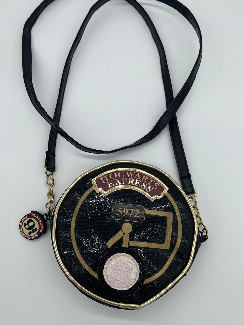 Hogwarts Express Round Crossbody Bag in Black with Gold Trim